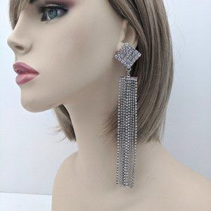 Silver Tassel Earrings Long Drop Rhinestone Chain